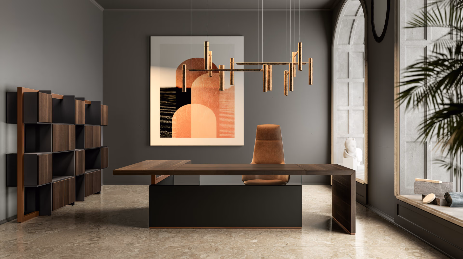 Ufficio direzionale di lusso con scrivania in legno e illuminazione di design – ArredoTeam arredamento uffici